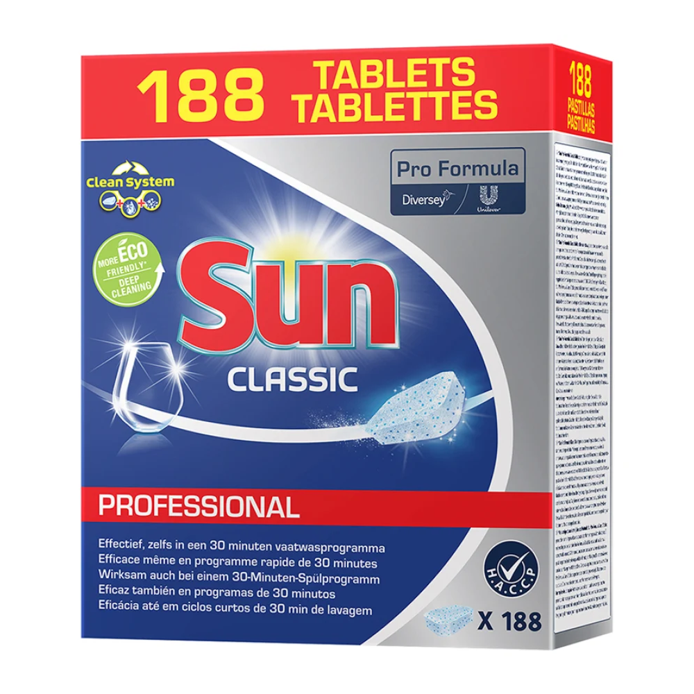 Een doos SUN Professional Classic Tabs, vaatwasmachinereinigingstabletten van Diversey Deutschland GmbH & Co. OHG, met 188 tabletten. De verpakking toont de logo's van Pro Formula en Diversey met meertalige tekst. Het is ontworpen in een blauw-wit kleurenpalet en benadrukt het milieuvriendelijke merk en de glasbescherming voor uw vaat.