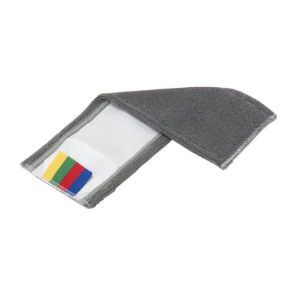 De Vileda Professional SafeMop dweil van Vileda GmbH heeft een grijs stoffen armband met een doorzichtige tas voor het tonen van vijf gekleurde kaarten - zwart, groen, geel, rood en blauw - perfect voor het beheer van reinigingssysteemprocedures en het garanderen van optimale verzorging van veiligheidsvloeren.