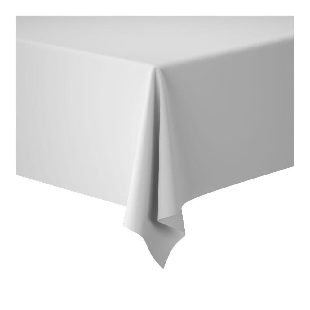 Eine 1,18 m x 25 m große Tischdecke der Duni GmbH Dunicel-Tischdeckenrollen ist über eine rechteckige Tischecke drapiert und bietet vor einem schlichten weißen Hintergrund eine flexible Dekoration für große Veranstaltungen.