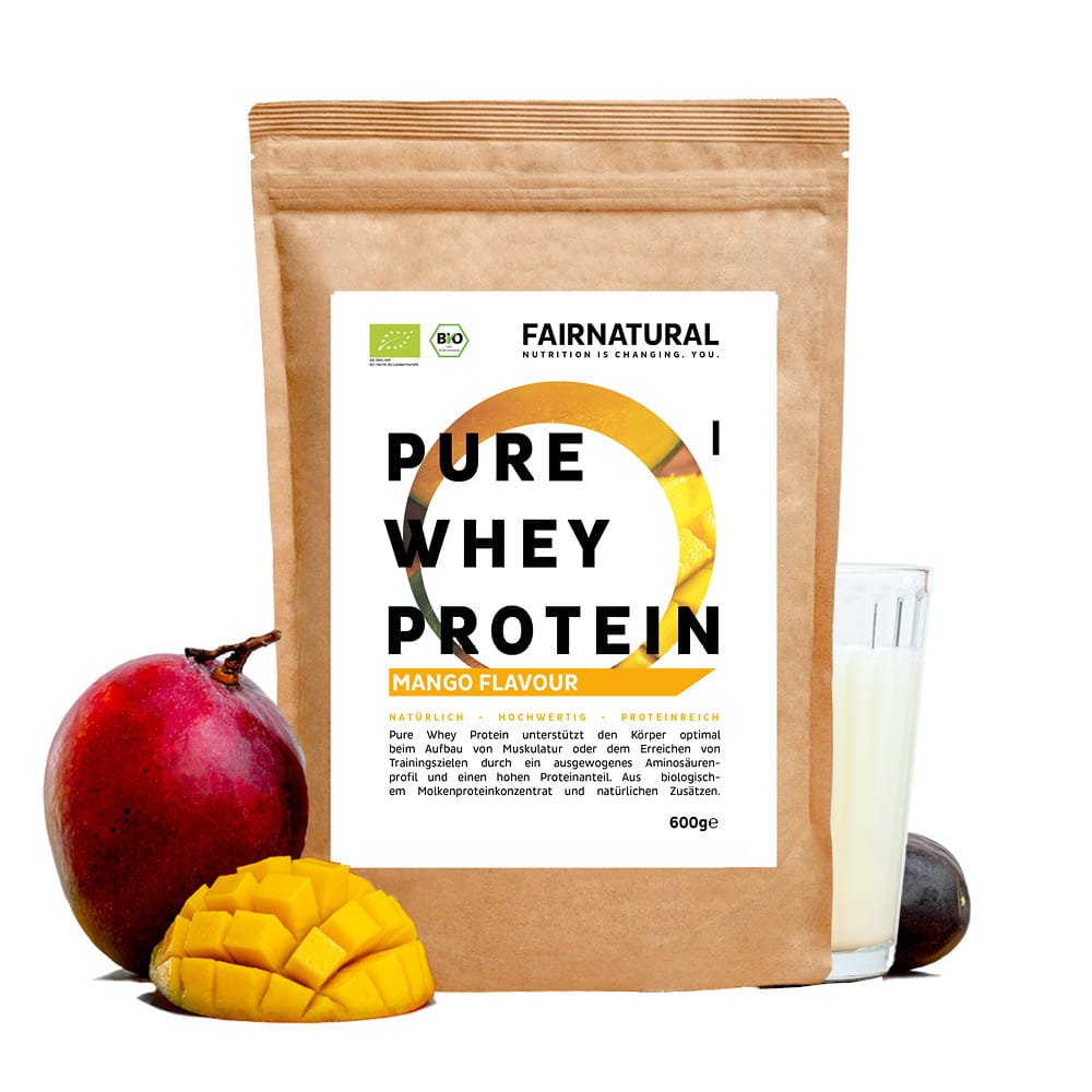 Biologische weiproteïnepoeder mango