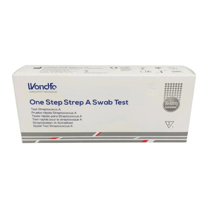 Afgebeeld is een witte doos met het opschrift 'Wondfo Streptokokken A Sneltest - Roodvonk Zelftest' van Altruan, ideaal voor het opsporen van streptokokken thuis. De verpakking heeft een meertalige tekst en een kwaliteitszegel aan de rechterkant, met rode en grijze strepen aan de onderkant.