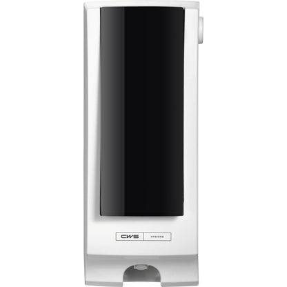 Het CWS Frontpaneel voor Paradise Seatcleaner van CWS is een wit-zwarte, rechthoekige wanddispenser met een eenvoudig ontwerp en "CWS HYGIENE"-label - perfect voor toilet hygiëne.