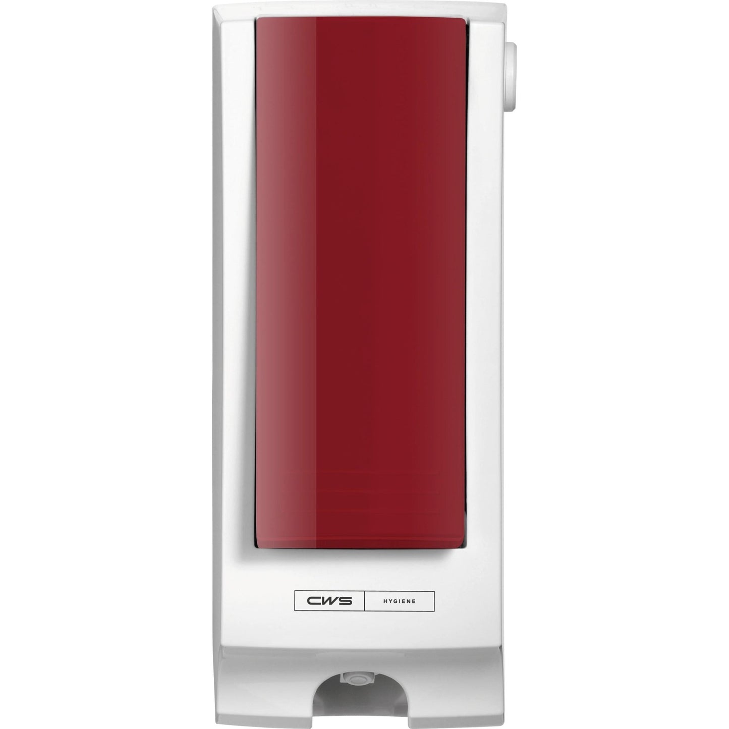 Het CWS Frontpaneel voor Paradise Seatcleaner is een witte, aan de muur gemonteerde dispenser met een opvallende rode voorkant en CWS-branding, perfect voor het verbeteren van de toilet hygiëne.