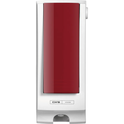 Het CWS Frontpaneel voor Paradise Seatcleaner is een witte, aan de muur gemonteerde dispenser met een opvallende rode voorkant en CWS-branding, perfect voor het verbeteren van de toilet hygiëne.