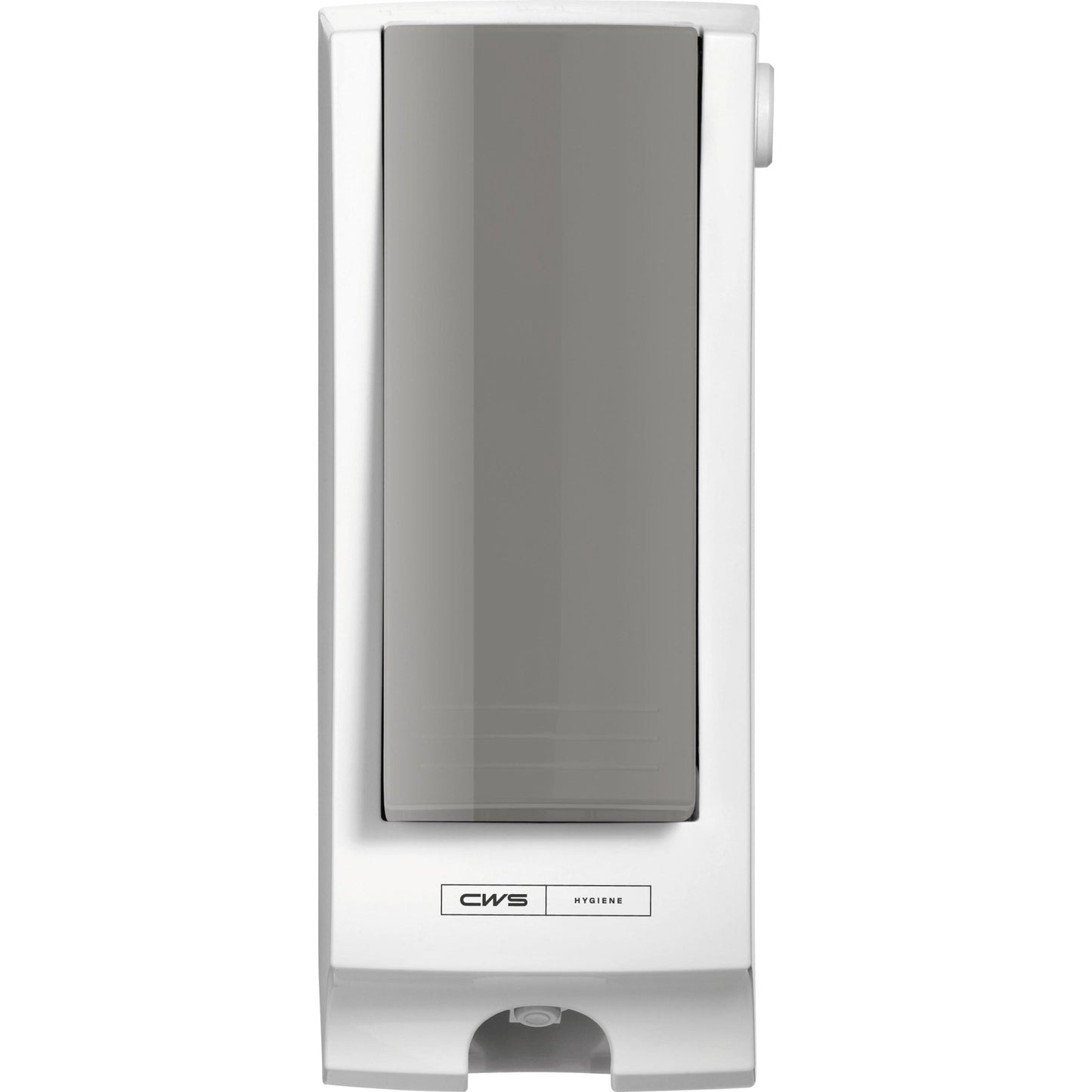 Het CWS Frontpaneel voor Paradise Seatcleaner is een wandgemonteerde, rechthoekige dispenser met een transparante voorplaat en een wit frame, uitgerust met een kleine drukhendel en het CWS-merknaam aan de onderkant.