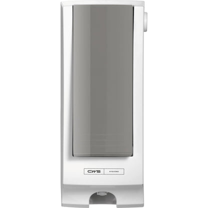 Het CWS Frontpaneel voor Paradise Seatcleaner is een wandgemonteerde, rechthoekige dispenser met een transparante voorplaat en een wit frame, uitgerust met een kleine drukhendel en het CWS-merknaam aan de onderkant.