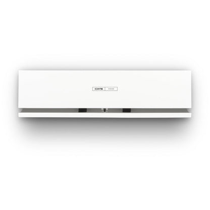 Het CWS frontpaneel voor geurverspreider Air Bar is een eenvoudig, wit, rechthoekig wandpaneel met een klein CWS-logo in het midden en een zichtbare luchtuitlaat aan de onderkant, dat modern ontwerp weerspiegelt.
