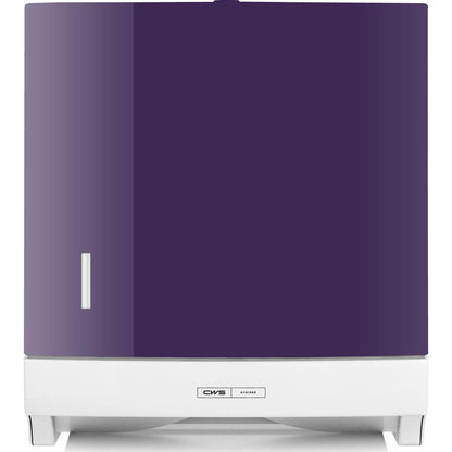 Het CWS-frontpaneel voor gevouwen papieren handdoekdispensers Paper Slim is een rechthoekige dispenser in wit en violet met een klein venster aan de linkerkant en een elegant CWS-frontpaneel op een witte achtergrond.