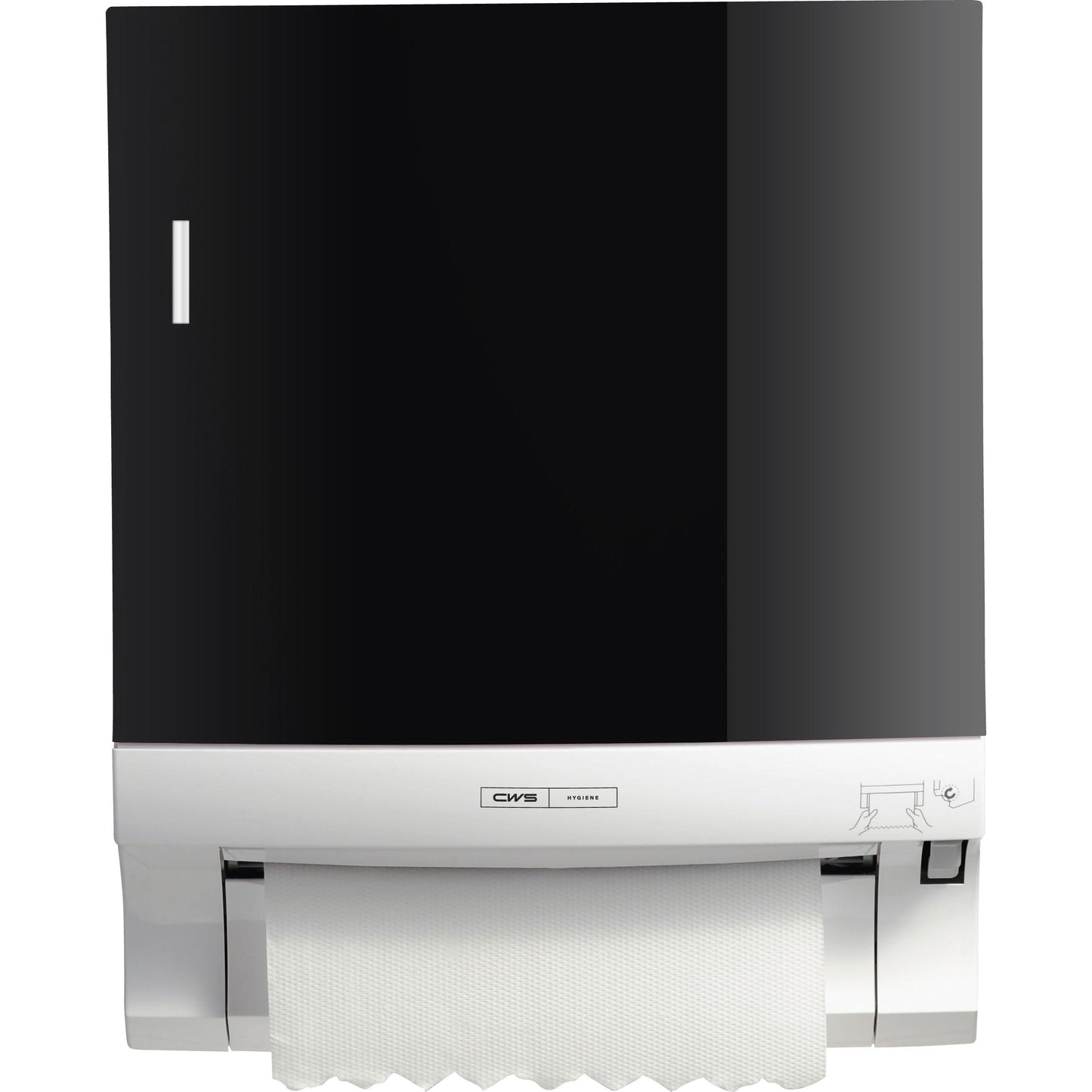 Het CWS-voorpaneel voor rolhanddoekdispensers Paperroll is een zwart-witte wanddispenser met zichtbaar handdoekpapier, kleine grafieken en het CWS-merklabel aan de voorkant - perfect voor de optimalisatie van wasruimtes.