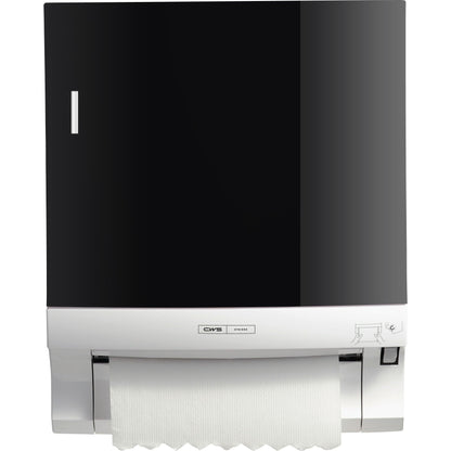 Het CWS-voorpaneel voor rolhanddoekdispensers Paperroll is een zwart-witte wanddispenser met zichtbaar handdoekpapier, kleine grafieken en het CWS-merklabel aan de voorkant - perfect voor de optimalisatie van wasruimtes.