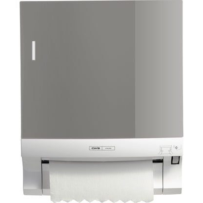 Het aan de muur gemonteerde CWS-voorpaneel voor rolhanddoekdispensers Paperroll van CWS toont een gedeeltelijk uitgetrokken vel en een instructiesymbool, en is daarmee ideaal voor een efficiënte optimalisatie van de wasruimte.