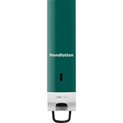 Het CWS-voorpaneel voor schuimzeepdispenser Foam Slim is een wandgemonteerde dispenser met een groene deksel en witte opdruk "Handlotion", een venster voor de inhoud, elegant CWS-ontwerp en een drukhendel aan de onderkant voor eenvoudige bediening.