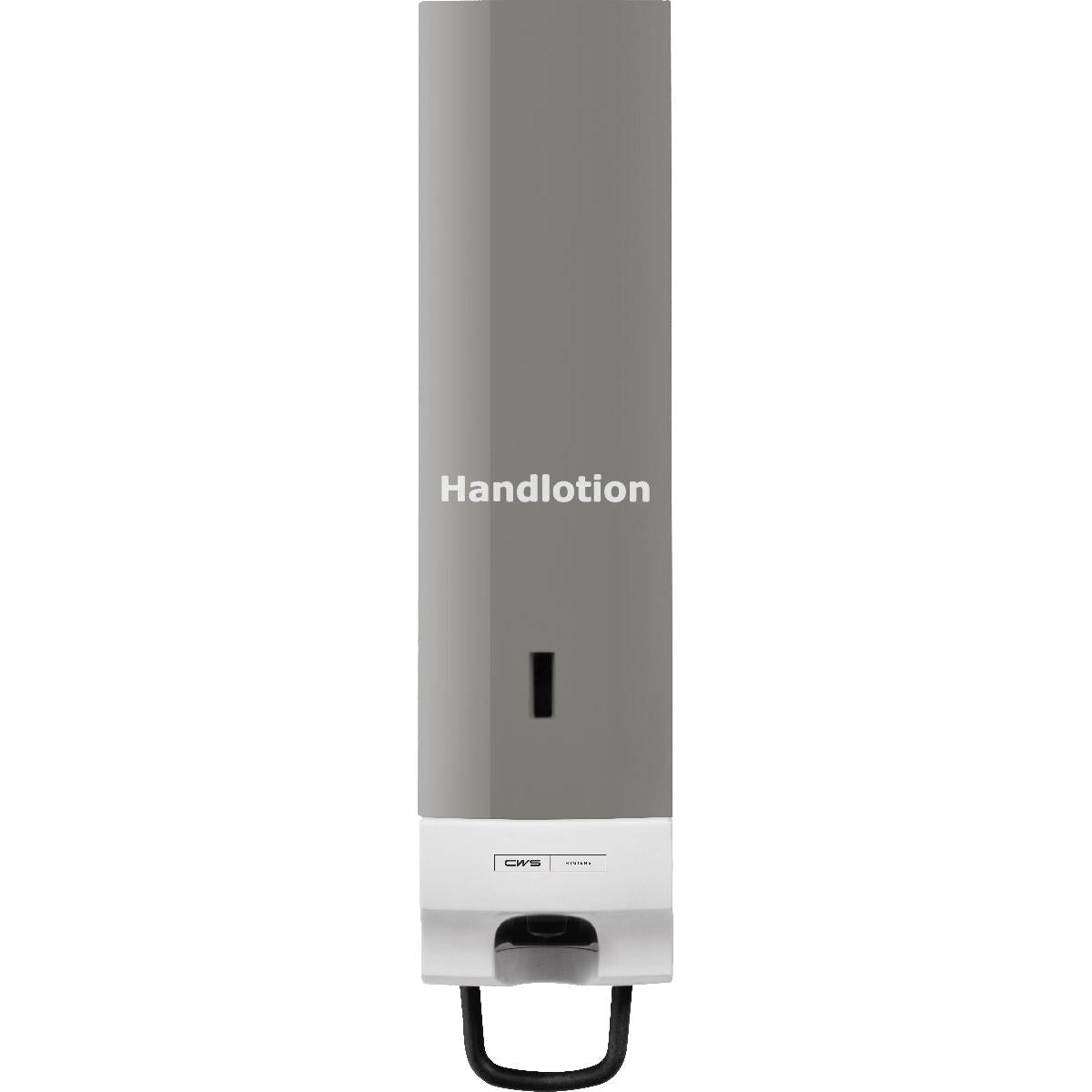 Het CWS-voorpaneel voor schuimzeepdispenser Foam Slim is een grijs-witte wanddispenser met een elegante uitstraling, met venster, zwarte uitgiftehendel en de opdruk "Handlotion". Met het praktische CWS-voorpaneel ontwerp.