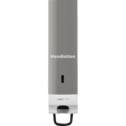Het CWS-voorpaneel voor schuimzeepdispenser Foam Slim is een grijs-witte wanddispenser met een elegante uitstraling, met venster, zwarte uitgiftehendel en de opdruk "Handlotion". Met het praktische CWS-voorpaneel ontwerp.