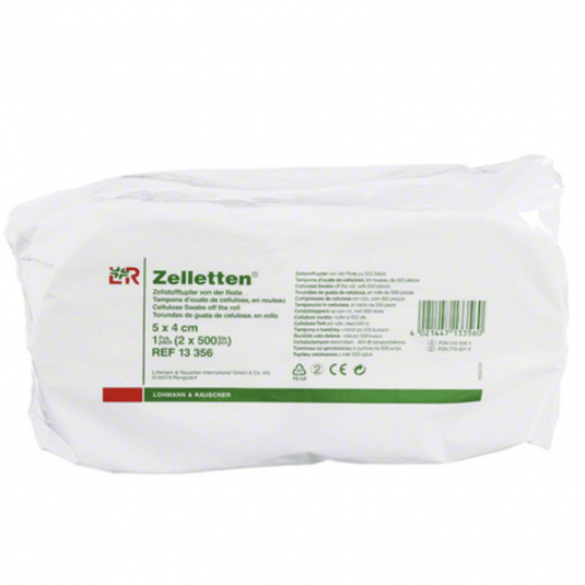 De verpakking met Zelletten®-cellulose-wattenstaafjes van Lohmann & Rauscher is ideaal voor medische toepassingen. Op het etiket staan de afmetingen (5 x 4 cm), de hoeveelheid (2 verpakkingen van 500 stuks) en het referentienummer (13 356) vermeld. De verpakking is overwegend wit met groene tekst.
