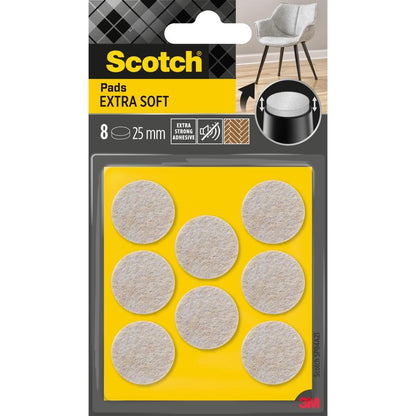 Een verpakking 3M Scotch® Extra zachte viltpads, zelfklevend, beige, bevat 8 ronde pads (elk 25 mm) op gele verpakking. De verpakking heeft een extra sterke lijm en is ontworpen voor gebruik op meubels.