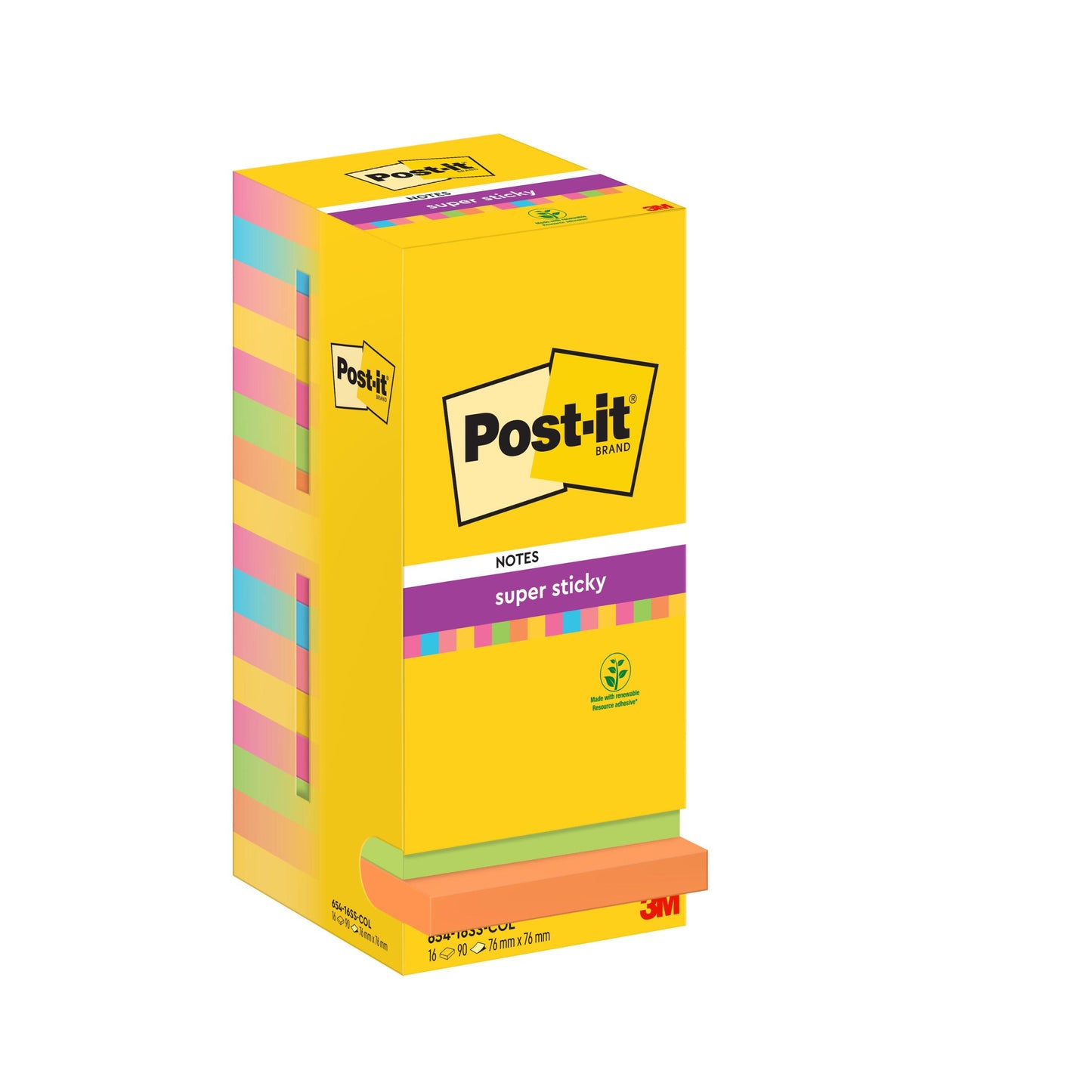 Een verpakking met 16 Post-it® Super Sticky Notes (76 x 76 mm, 90 vellen/blok) in verschillende kleuren van 3M Deutschland GmbH, PEFC-gecertificeerd (SGSCH-PEFC-COC-110078), met productinformatie en logo's op de witte doos.