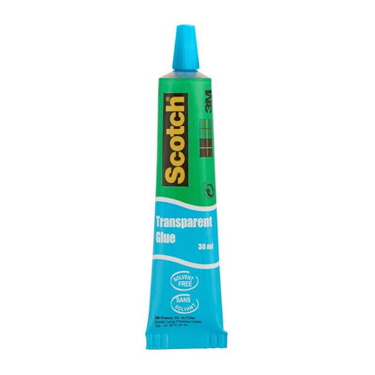 Een 30-ml-tube Scotch® transparante oplosmiddelvrije lijm voor huishoudelijk gebruik van 3M Deutschland GmbH, met turquoise dop, blauw etiket en groene, gele en zwarte branding. Oplosmiddelvrij. 1 tube per verpakking.