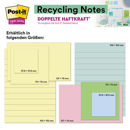 De Post-it® Super Sticky 100% Recycling Notes, Geel, gelinieerd, 102 x 152 mm (45 vellen/blok, 4 blokken/verpakking), PEFC-gecertificeerd (SGSCH-PEFC-COC-110078) van 3M Deutschland GmbH zijn afgebeeld op een kaart, met afmetingen in het Duits en Engels.