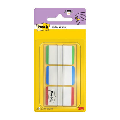 Een pak Post-it® Index Strong tabbladen van 3M Deutschland GmbH bevat 66 standaard plakstroken (25,4 mm x 38,1 mm) in verschillende kleuren, overzichtelijk gerangschikt in een dispenser met gele en paarse achterkant.
