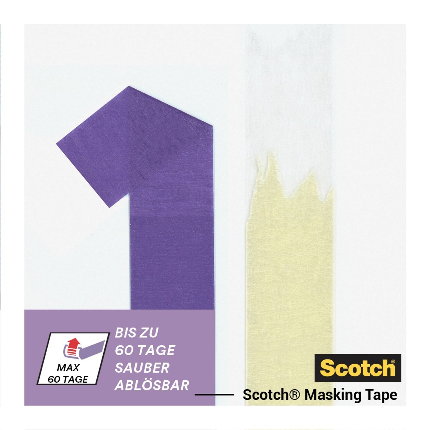 Een paarse nummer 1 in crêpetape verschijnt naast een strook wit plakband dat van geel is afgehaald. Tekst: "Tot 60 dagen schoon verwijderbaar." Scotch® afplaktape voor gevoelige oppervlakken, 24 mm x 41 m, van 3M Deutschland GmbH.