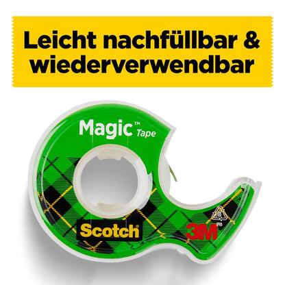 Een groene en zwarte 3M handdispenser voor Scotch® Magic™ Onzichtbare Plakband (2 rollen, 19 mm x 7,5 m + 1 GRATIS) is afgebeeld onder een geel banner met dikke zwarte Duitse tekst: "Gemakkelijk navulbaar & herbruikbaar."