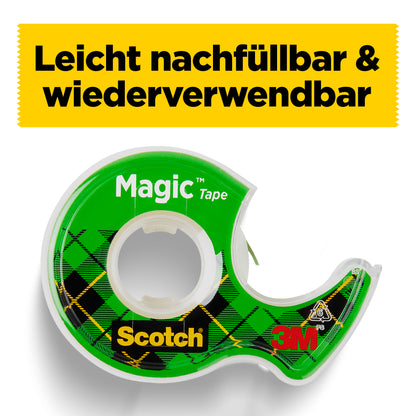 Eine grüne 3M Scotch® Magic™ Unsichtbares Klebeband Nachfüllpackung (1 Rolle, 19 mm x 25 m) mit schwarz-gelb kariertem Muster. Darüber befindet sich ein gelbes Banner mit der Aufschrift "Leicht nachfüllbar & wiederverwendbar" in fetten schwarzen Buchstaben.