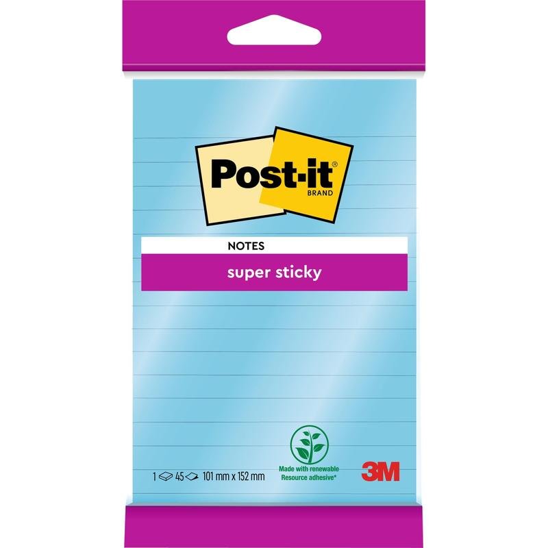 Een pak Post-it® Super Sticky Notes in groot formaat, gelinieerd, 102 mm x 152 mm, 45 vel/blok, van 3M Deutschland GmbH, met extra sterke kleefkracht en 100% PEFC-keurmerk op de verpakking.