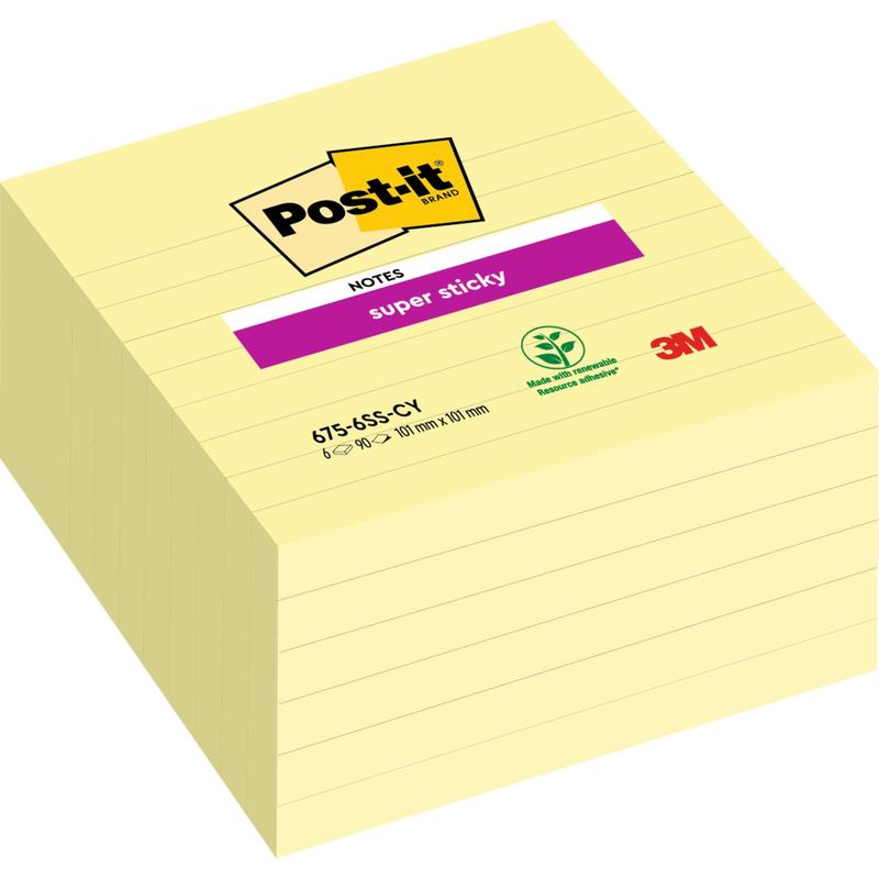 Een stapel Post-it® Super Sticky Notes in groot formaat (101 mm x 101 mm, 90 vel/blok, 100% PEFC) van 3M Deutschland GmbH, met gele gelinieerde vellen en logo's.
