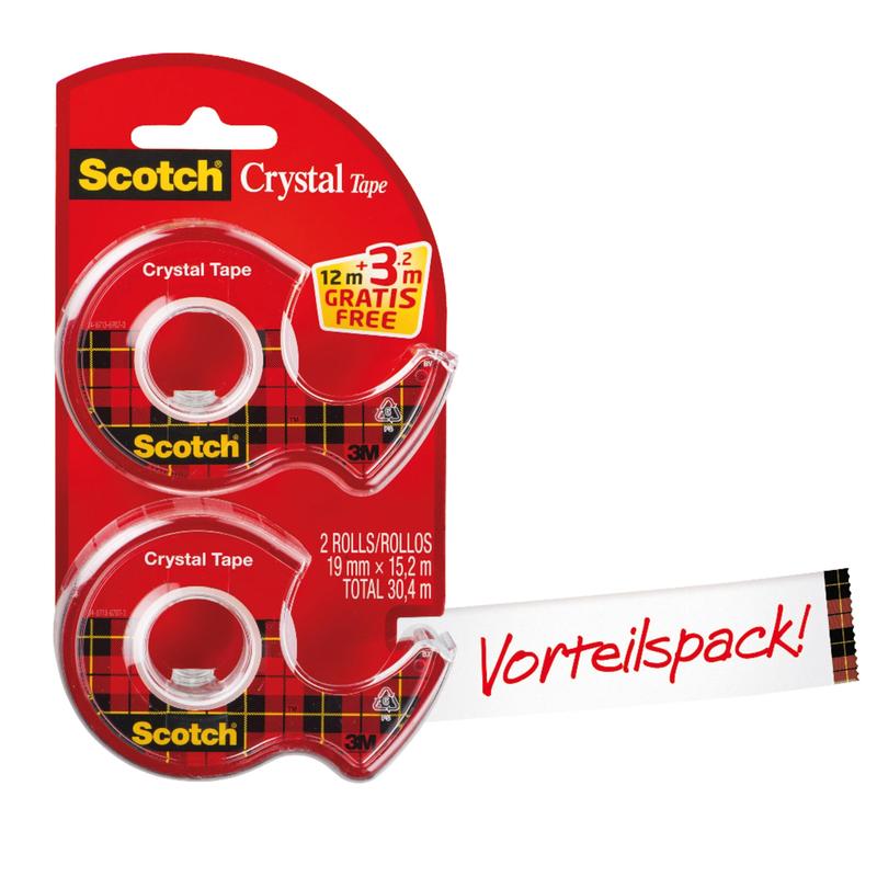 Een verpakking met twee 3M Scotch® Crystal plakbandrollen (19 mm x 12 m) op dispensers plus 3,2 m gratis, gelabeld met "Voordeelverpakking!" en productinformatie van 3M Deutschland GmbH.