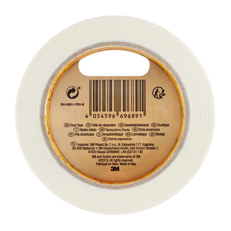 Een rol Scotch® Universal Tape 2904 (25 m x 48 mm) van 3M Deutschland GmbH bestaat uit een transparante tape met een bruin binnenetiket dat een barcode, recyclingsymbolen, productinformatie en "Duct Tape" in meerdere talen bevat.