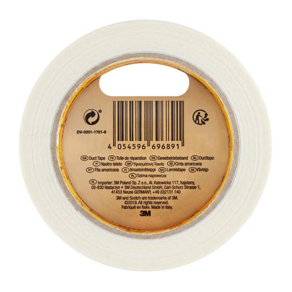 Een rol Scotch® Universal Tape 2904 (25 m x 48 mm) van 3M Deutschland GmbH bestaat uit een transparante tape met een bruin binnenetiket dat een barcode, recyclingsymbolen, productinformatie en "Duct Tape" in meerdere talen bevat.