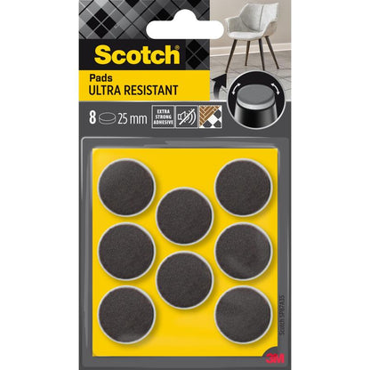 Een verpakking 3M Scotch® Extreem Duurzame Viltpads SP87A35, zelfklevende grijs/witte viltpads (Ø 25 mm, 8/verpakking), op gele verpakking met extra sterke lijm en een stoelsymbool in de rechterbovenhoek.