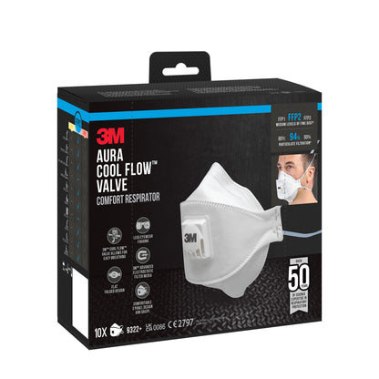 Een doos 3M™ Aura™ Comfort Cool Flow™ Deeltjesmasker 9322+, FFP2, met ventiel van 3M Deutschland GmbH, met een wit masker met ventiel. De doos bevat de vermelding "50 stuks" en informatie over filtratie- en beschermingsfuncties.