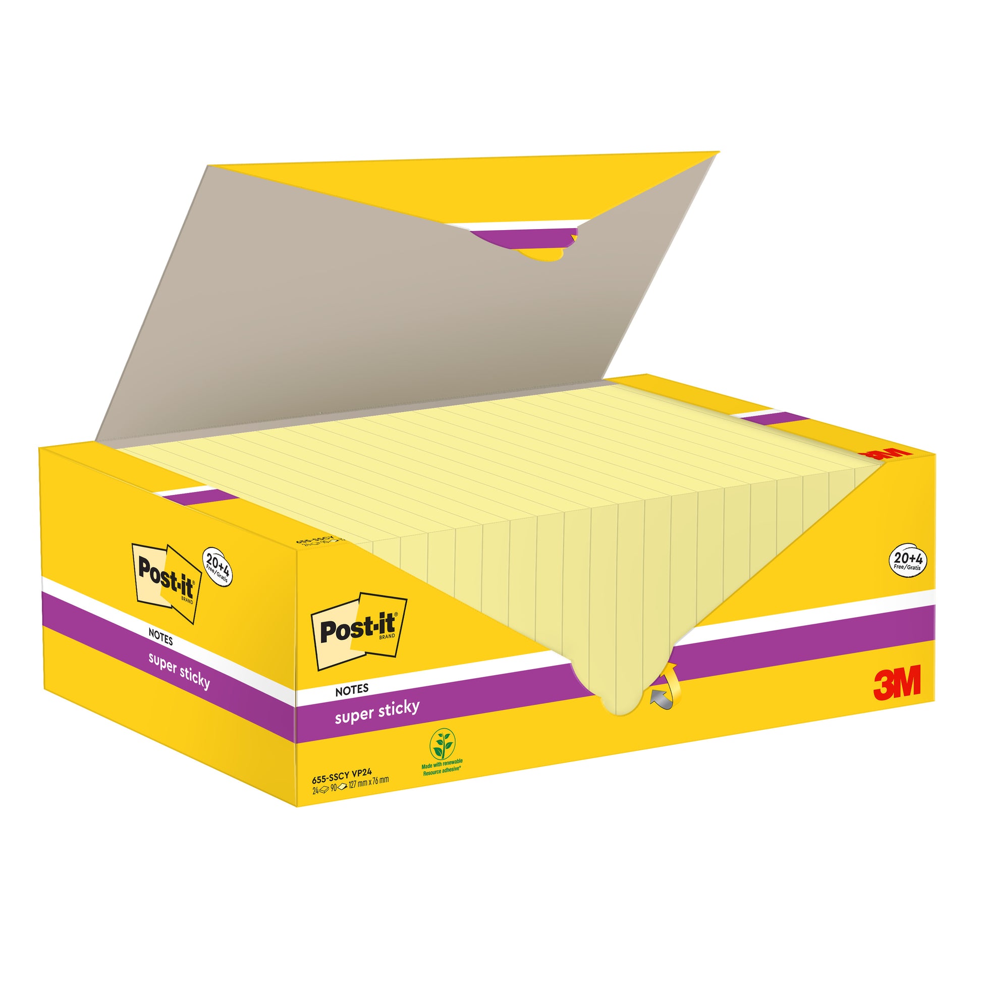Ein großer Karton mit Post-it® Super Sticky Notes, Gelb, 76x127mm, 90 Blatt/Block, 24 Blöcke/Pck., PEFC-zertifiziert von 3M Deutschland GmbH. Der gelbe Karton zeigt einzeln arrangierte Blöcke und das 3M-Logo in der Ecke.
