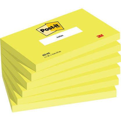 Afgebeeld is een stapel van zes gele Post-it® notitieblaadjes (76 mm x 127 mm, 100 vel/blok, 100% PEFC) van 3M Deutschland GmbH, elk met het Post-it-logo aan de bovenkant en de opdruk "Notizen" op het blok.