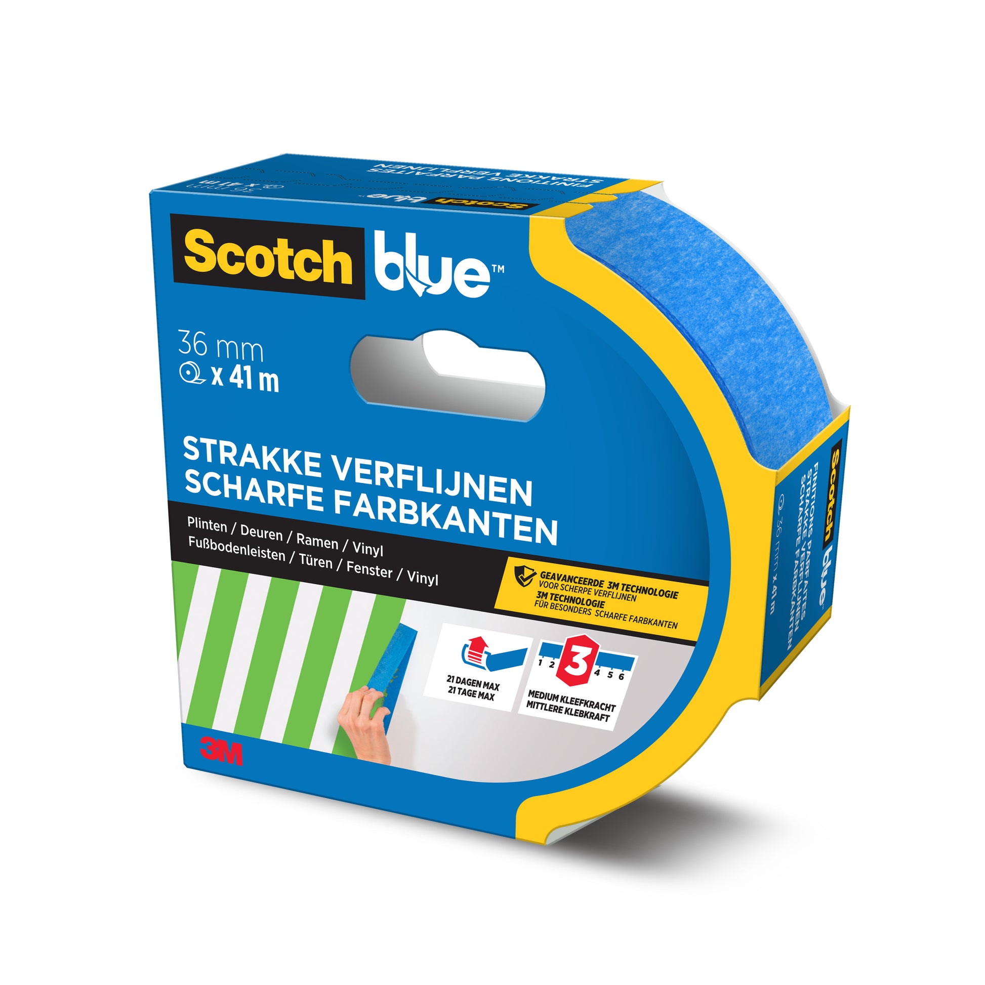 Eine 36 mm x 41 m große Rolle ScotchBlue™ Malerabdeckband für scharfe Linien von 3M Deutschland GmbH, in blauer Verpackung mit niederländischem und deutschem Etikett, entwickelt für scharfe Lackierlinien auf unterschiedlichen Oberflächen; die Verpackung zeigt Merkmale und Anwendungsbilder.