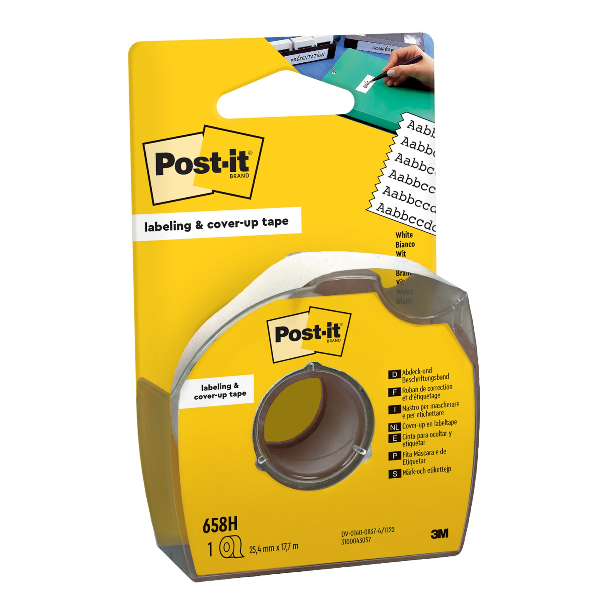 Das 3M Post-it® Abdeck- und Beschriftungsband 658H (25,4 mm x 17,7 m, weiß) kommt als einzelne Rolle im Handspender. Die gelbe Verpackung zeigt die Anwendung des Bands zum Überdecken und Beschriften.