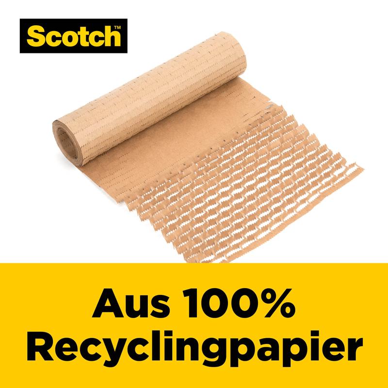Een gedeeltelijk uitgerolde Scotch™ Cushion Lock™ Beschermverpakking (30,4 cm x 9,14 m, 1 rol) van 3M Deutschland GmbH is afgebeeld op een witte achtergrond met "Van 100% gerecycled papier" voor kwetsbare voorwerpen op een geel etiket.