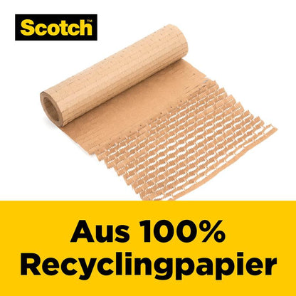 Een gedeeltelijk uitgerolde Scotch™ Cushion Lock™ Beschermverpakking (30,4 cm x 9,14 m, 1 rol) van 3M Deutschland GmbH is afgebeeld op een witte achtergrond met "Van 100% gerecycled papier" voor kwetsbare voorwerpen op een geel etiket.