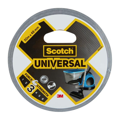 Een rol Scotch® Universele Tape 2904 van 3M Deutschland GmbH, zilver, 50 m x 48 mm, met etikettenafbeeldingen van een stofzuiger en een vuilnisbak en sterkteklasse 3.