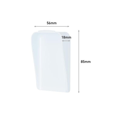 De Command™ canvasophanger van 3M Deutschland GmbH is afgebeeld op een eenvoudige witte achtergrond. Het is een wit, rechthoekig kunststofobject met een breedte van 56 mm, een diepte van 18 mm en een hoogte van 85 mm, waarvan de afmetingen duidelijk zijn aangegeven.