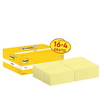 Een gele doos Post-it® Notes (76mm x 127mm, 100 vel/blok) van 3M, bevat 16 blokken plus 4 gratis. Het etiket "16+4 GRATIS" maakt deze PEFC-gecertificeerde kantoorbenodigdheden tot een waardevolle aanvulling voor elke werkruimte.
