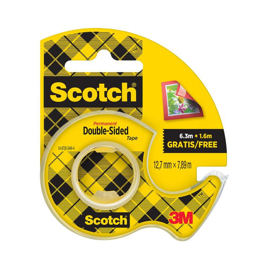 Een verpakking Scotch® dubbelzijdige tape van 3M Deutschland GmbH (12,7 mm x 7,89 m) met 25% extra gratis en een gele handdispenser, geschikt voor gebruik op papier. Bevat 1 rol.