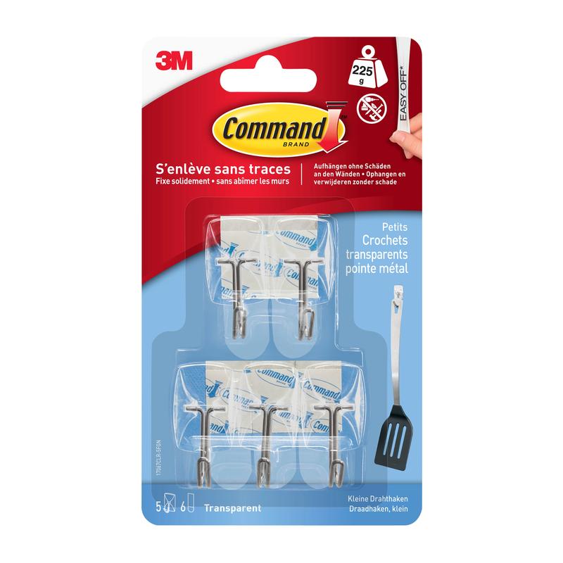 Een verpakking van 3M Deutschland GmbH Command™ draadhaakjes, klein, transparant, met transparante strips houdt tot 225 g en bevat vijf haken en zes kleefstrips. De verpakking is blauw met informatie in het Frans en Engels.