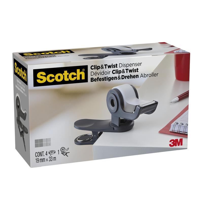 Een doos Scotch™ Clip & Twist plakbandhouder C19, grijs met Scotch® Magic™ Onzichtbaar Plakband (19 mm × 33 m, 4 rollen) van 3M Deutschland GmbH staat op een bureau. De verpakking toont Engelse, Franse en Duitse informatie.