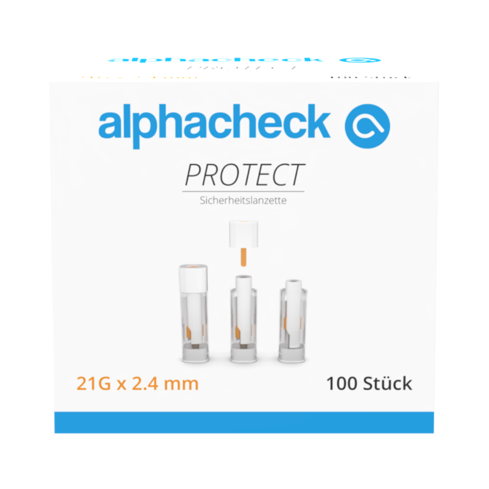 Doos met 100 Alphacheck PROTECT veiligheidslancetten, 21G x 2,4 mm, van Berger Med GmbH. De voorkant toont productnaam, logo en afbeeldingen van de lancet in drie fasen en benadrukt zo de pijnloze bloedafname.