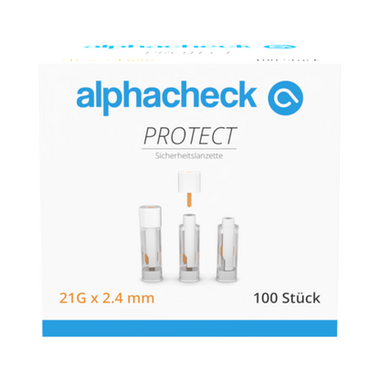 Doos met 100 Alphacheck PROTECT veiligheidslancetten, 21G x 2,4 mm, van Berger Med GmbH. De voorkant toont productnaam, logo en afbeeldingen van de lancet in drie fasen en benadrukt zo de pijnloze bloedafname.