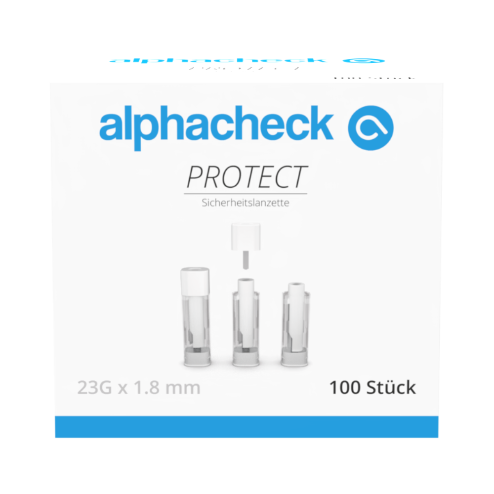 Een witte doos met blauwe en grijze accenten draagt het opschrift "alphacheck PROTECT" van Berger Med GmbH en toont Alphacheck PROTECT veiligheidslancetten voor pijnloze bloedafname met het opschrift "23G x 1,8 mm" en "100 stuks" op de voorkant.