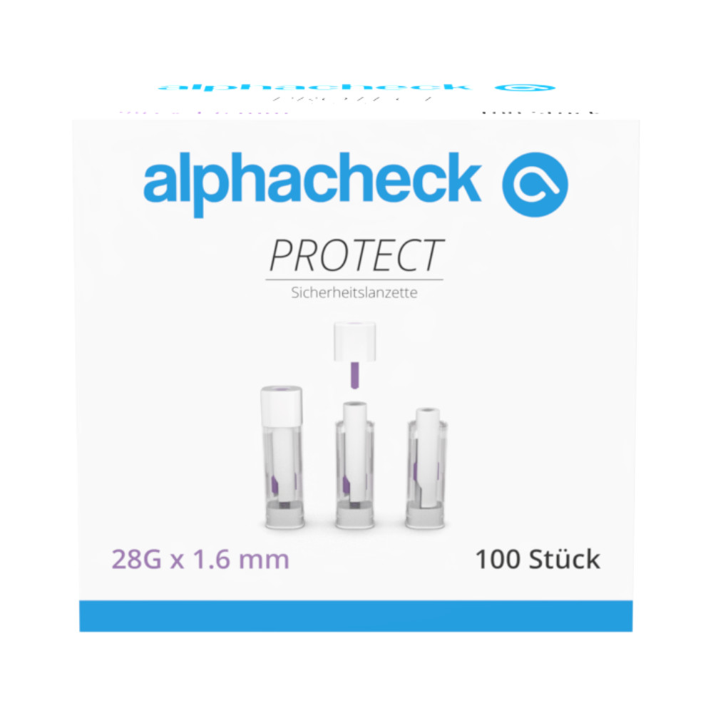Een doos met het opschrift "alphacheck PROTECT" van Berger Med GmbH bevat 100 Alphacheck PROTECT veiligheidslancetten (28G x 1,6 mm) voor pijnloze bloedafname. De voorkant toont drie lancetten met tekst in het Duits en Engels.